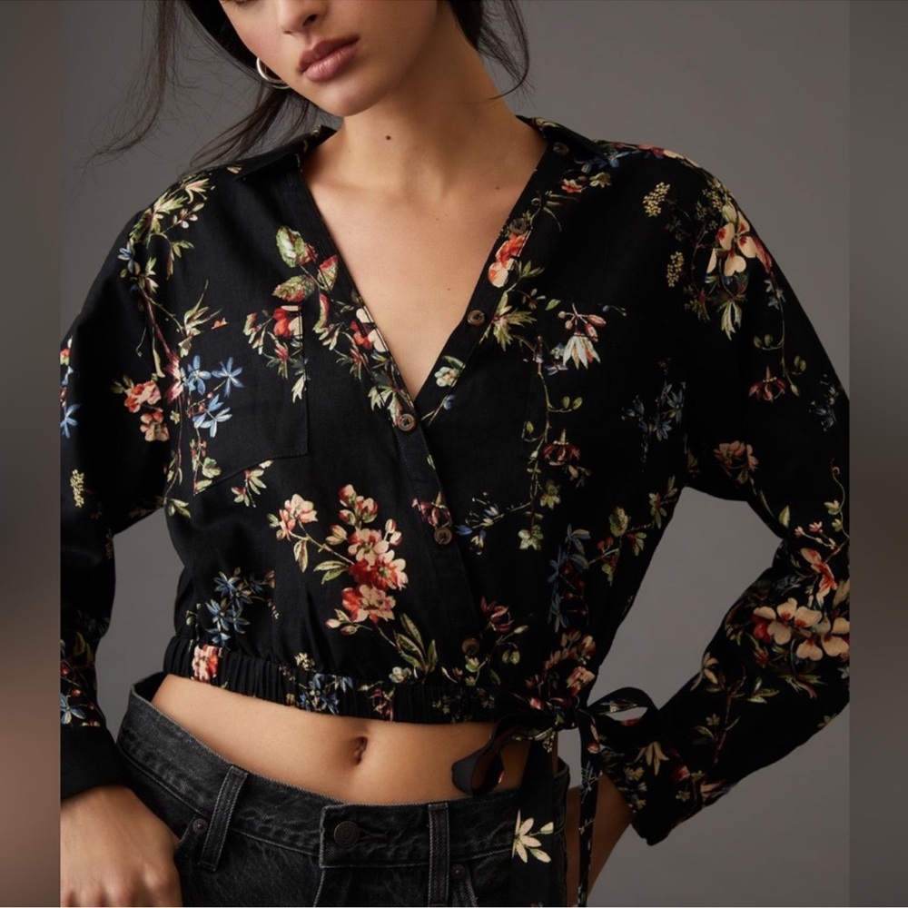 Anthropologie Pilcro Floral Cropped Waist-Tie Linen Blouse